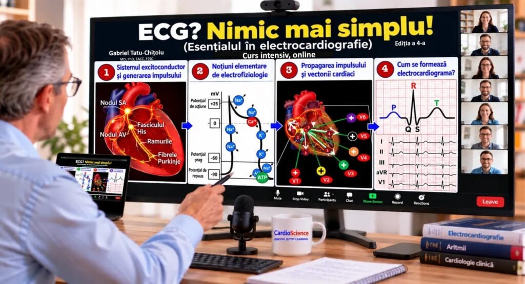 Ilustratie generata cu inteligenta artificiala, reprezentand un apel video demonstrativ cu materiale despre electrocardiografie afisate pe ecran; nu este o fotografie reala a lectorului.